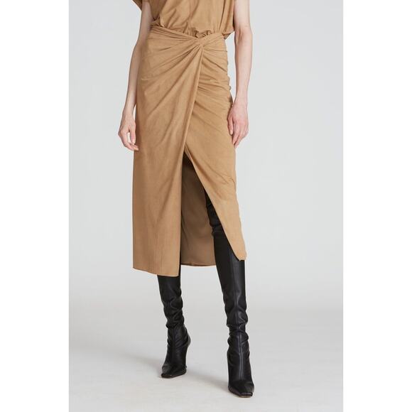 Halston Dresses & Skirts - Halston Draped faux‎ wrap Skirt Suede tan camel size 6 midi Sylvia $395